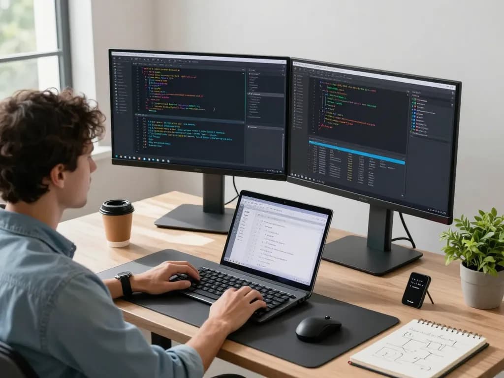 Developer using OpenClaw in a modern workspace with code on screens.