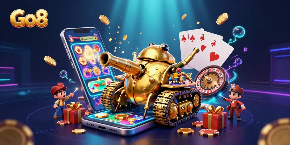 Go8 captivates players with an exhilarating 3D casino scene featuring a golden beetle tank and vibrant game elements
