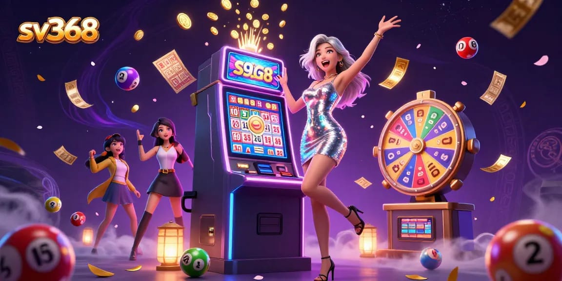 Spin the jackpot at sv368 with vibrant colors, an exciting celebration, and dynamic casino elements.