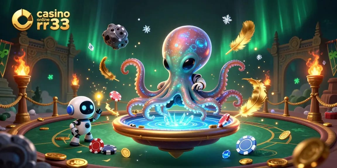Watch the alien octopus engage at the casino online rr33 poker table with holographic elements, showcasing excitement.