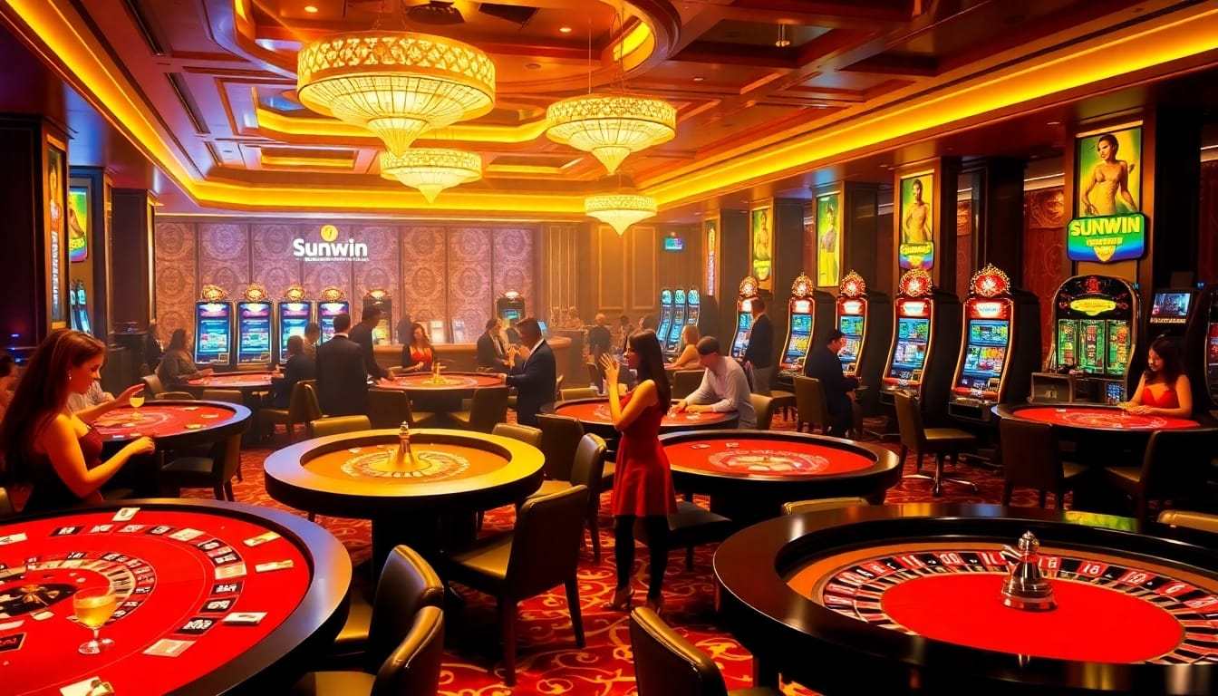 Sunwin players enjoying a vibrant casino atmosphere with poker and slot games.