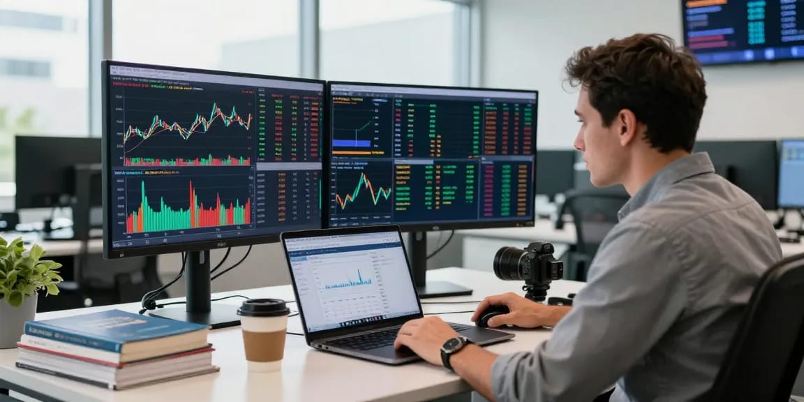 Trader di ruang kantor modern menganalisis grafik saham dengan kakakjudi dan platform trading di layar.
