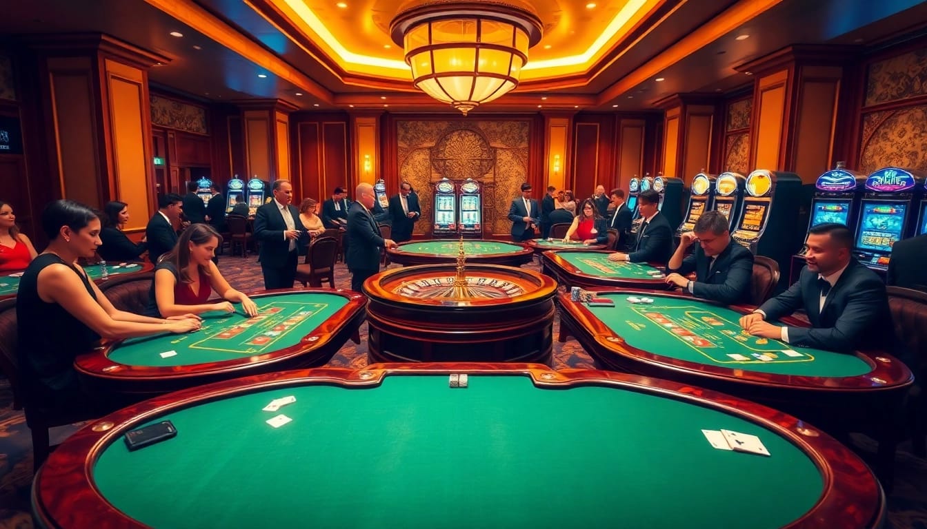 Players enjoying high-stakes games at https://kk55.host/ casino, featuring roulette, poker chips, and excitement.