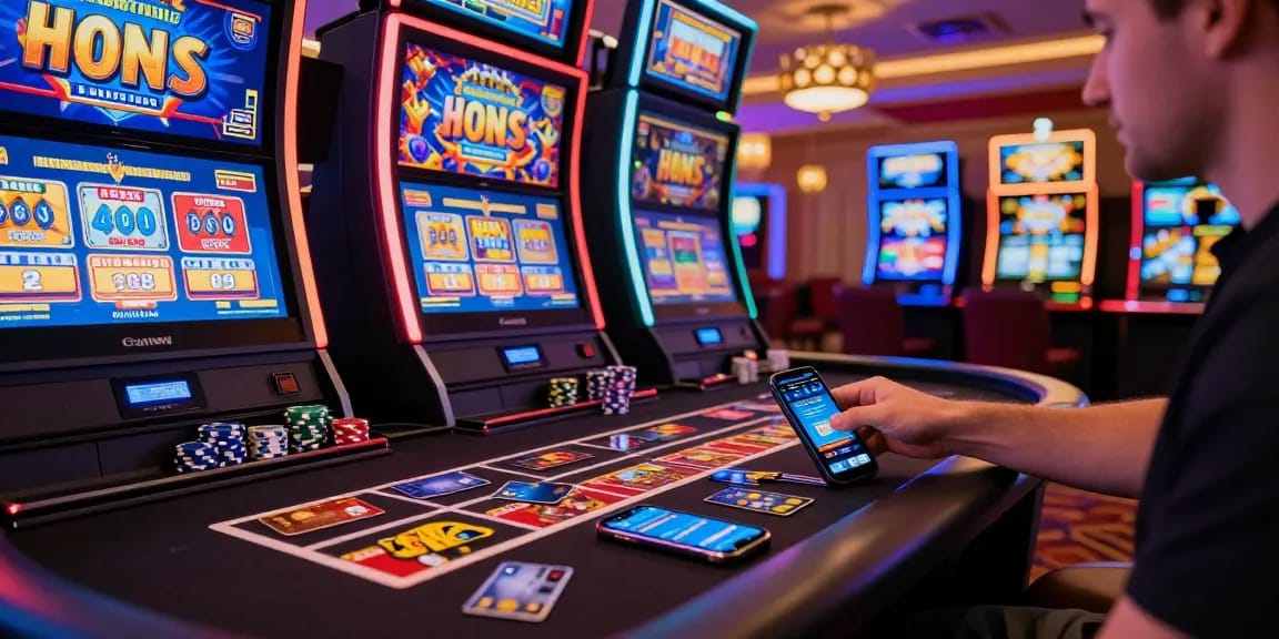 Player at a lively credit card casino enjoying games and bonuses at https://dentalgroups.co.uk, surrounded by colorful machines and excitement.