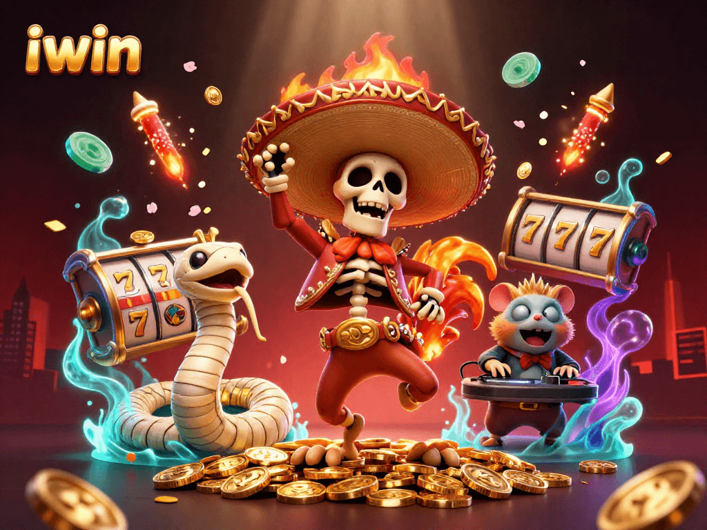 Experience the thrill of iwin casino with vibrant 3D characters dancing among golden coins and slot reels.