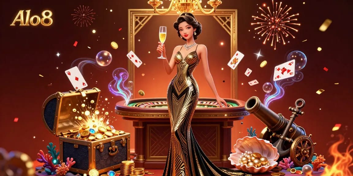 Alo8 showcases a glamorous casino experience with an elegant woman and vibrant gaming elements in a festive atmosphere.