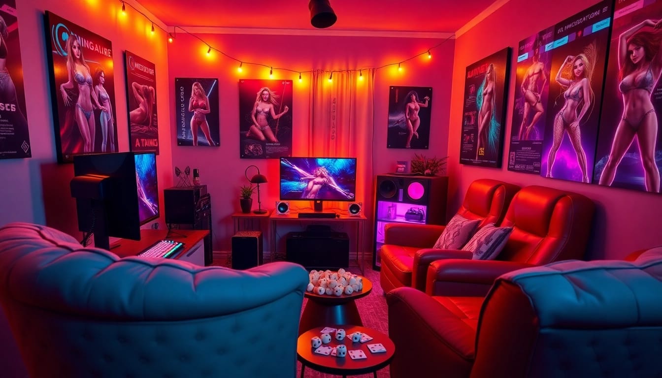 Engaging scene of a cozy gaming setup with vibrant colors and elements related to sex games.