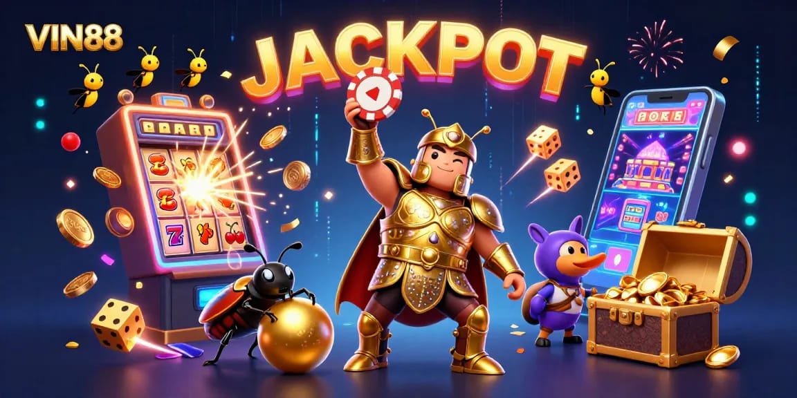 Join the VIN88 experience with an epic jackpot celebration scene, showcasing exciting casino elements.