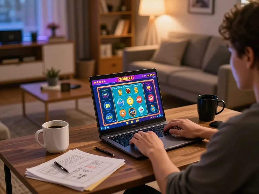 Engaging in TR88 bet gameplay on a laptop in a cozy home setting with warm lighting and gaming notes