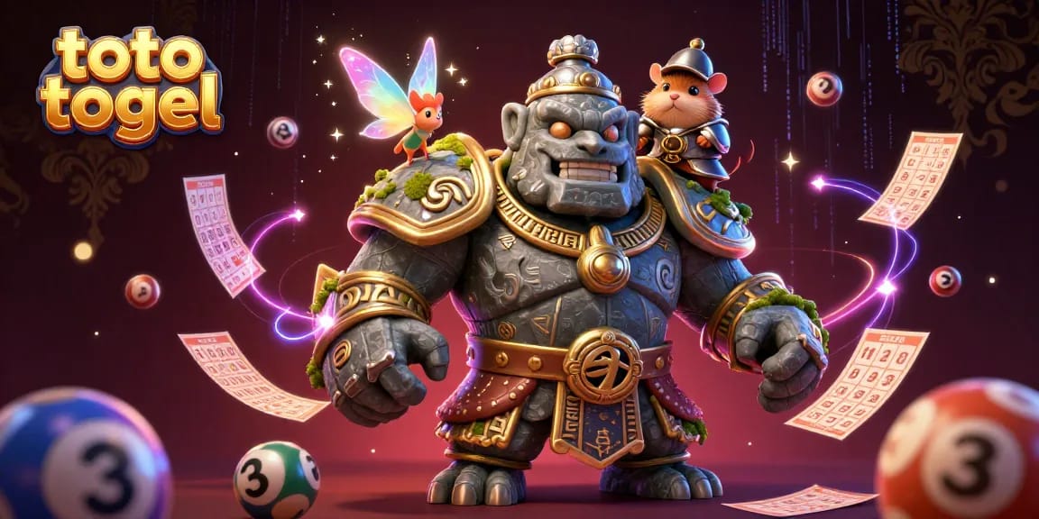 Experience the magical world of toto togel with a golem guardian, fairy, and knight in a rich gambling scene.
