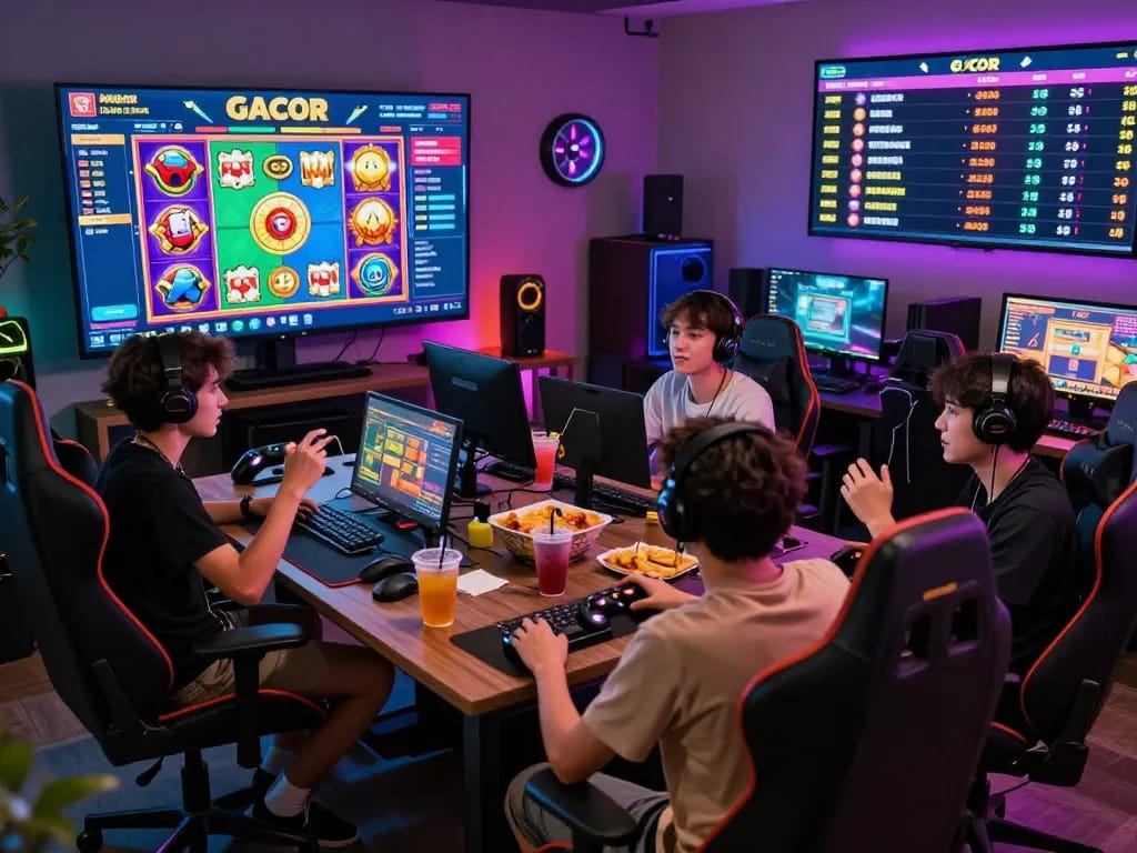 Players enjoying a lively discussion in a colorful slot gacor gaming environment, showcasing excitement and camaraderie.