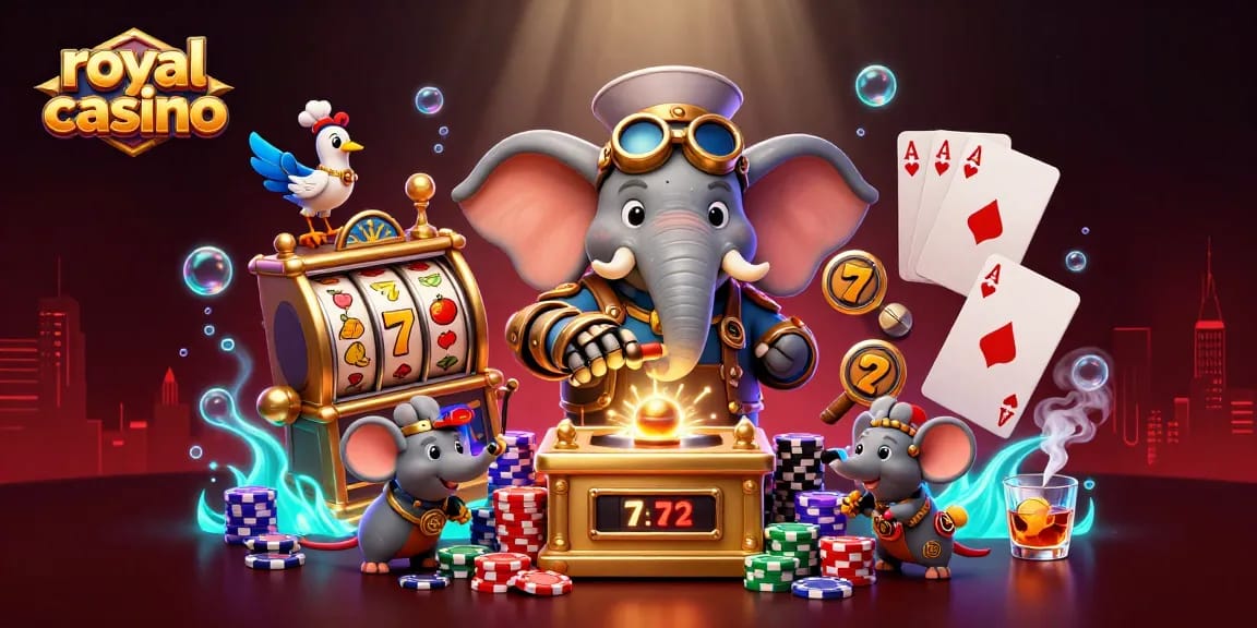 Spin the royal casino slot machine with 3D steampunk characters in a vibrant gaming scene.