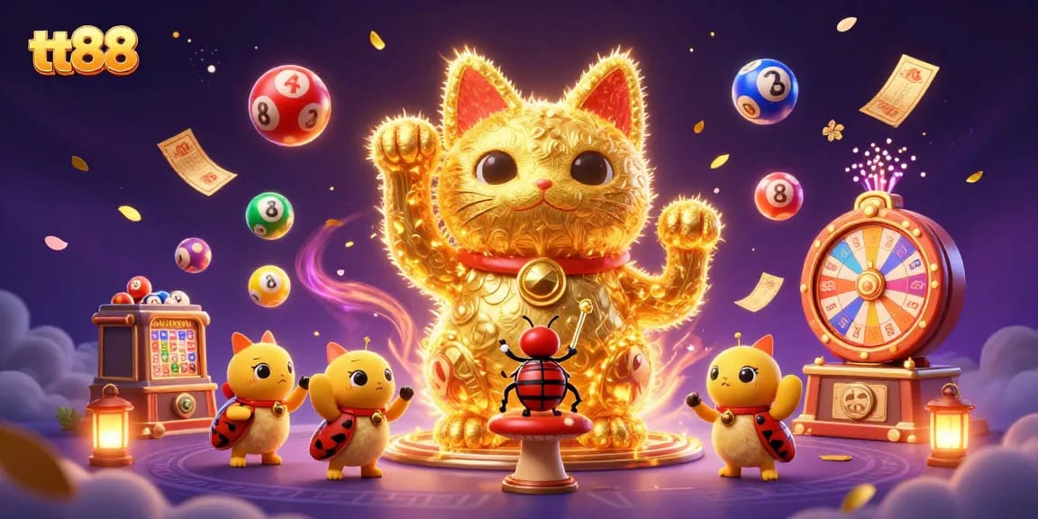 Experience thrilling wins at tt88 with a vibrant scene of our lucky cat, fortune symbols, and dynamic games.