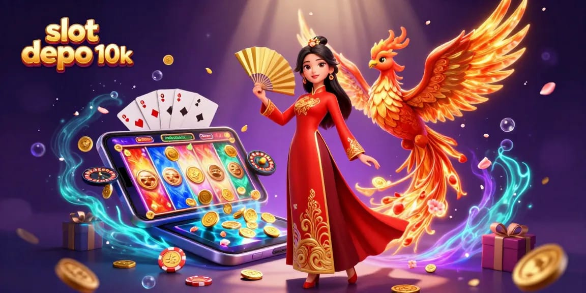 Spin and win at slot depo 10k with colorful slots, enchanting phoenix, and golden elements.