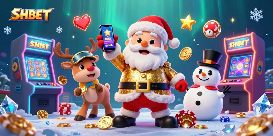 Engage with SHBET's dynamic casino scene showcasing Jackpots, festive characters, and colorful gaming elements.