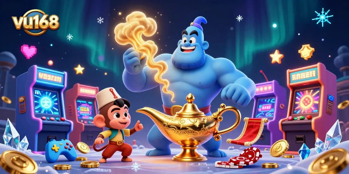Experience thrilling slots with vu168's vibrant casino scene featuring a genie and playful elements.