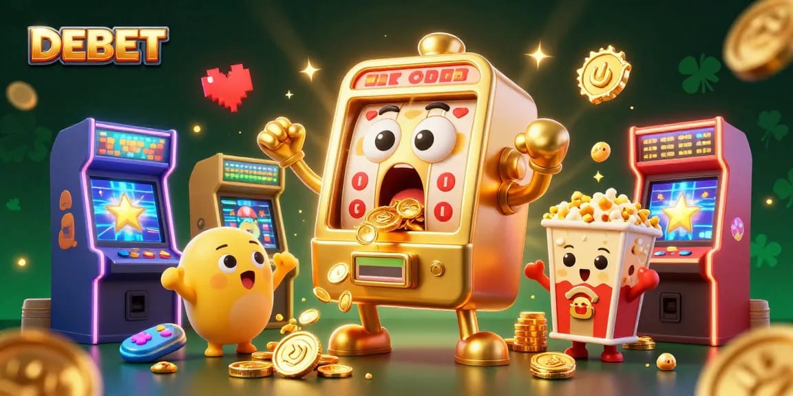 Experience the joy of winning with DEBET through this vibrant casino scene featuring exciting slot machines.