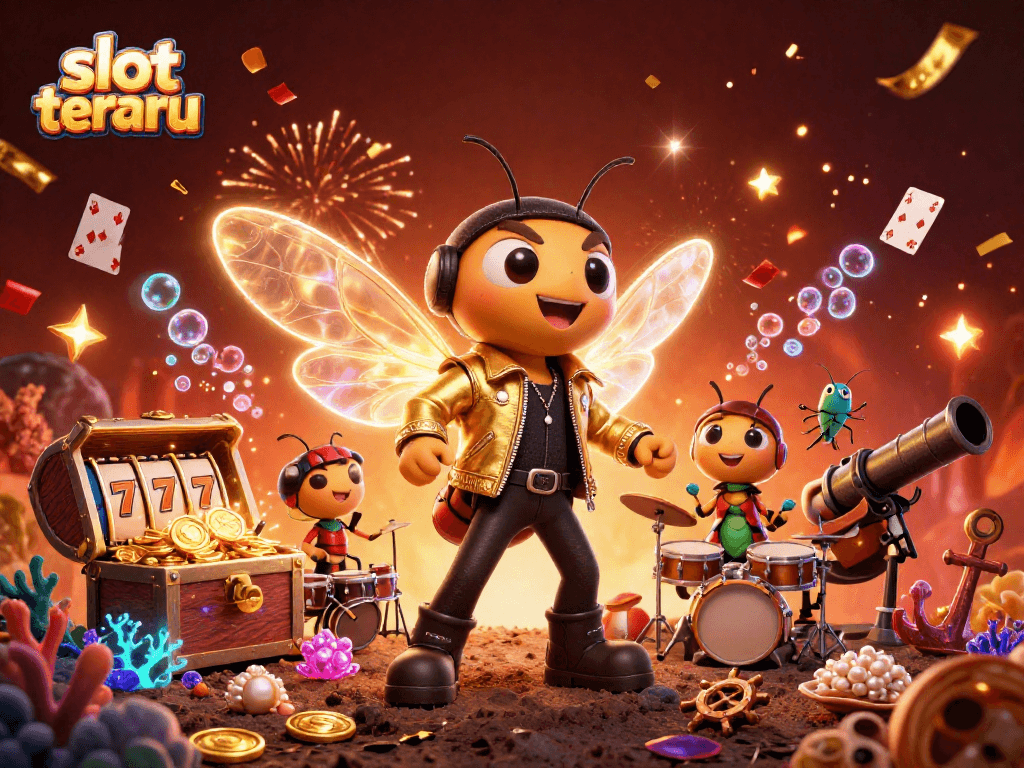Play slot terbaru with thrilling visuals of a rock star cicada amidst jackpots and vibrant decorations.