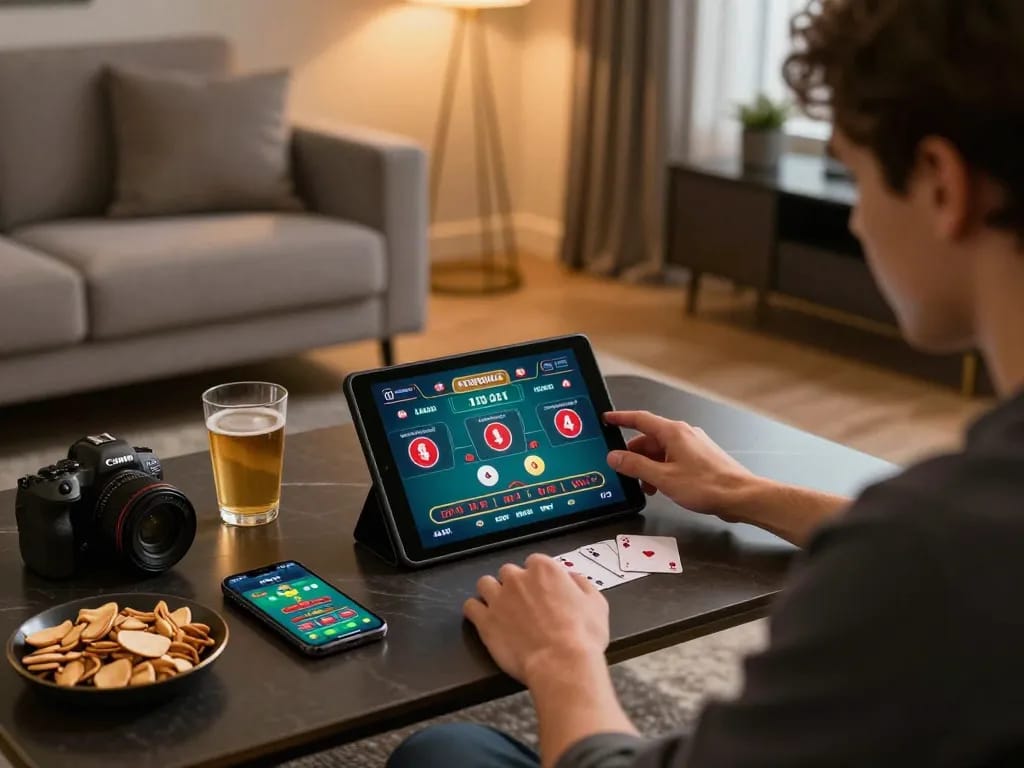 A person playing blackjack online in a stylish living room, showcasing alev kumar's gaming strategies.