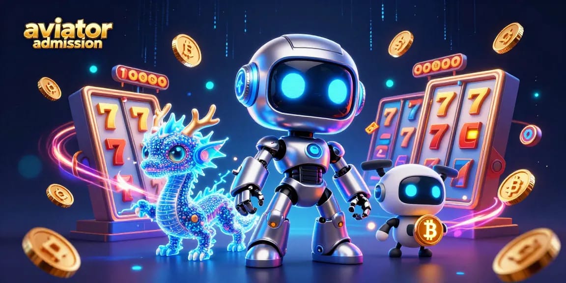 Aviator admission offers thrilling gameplay experiences with a cyberpunk robot and a digital dragon in a vibrant casino setting.