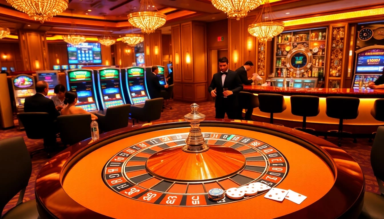KJC casino scene showcasing a vibrant roulette table with players and colorful slot machines.