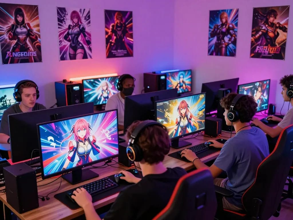 Exciting gaming environment showcasing players engrossed in a sex game experience with colorful visual novel characters.
