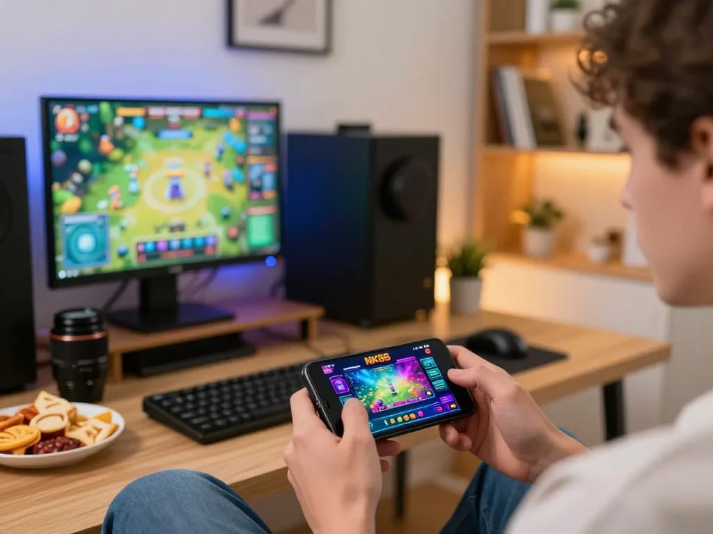 Engaging with the NK88 win app on a smartphone in a cozy home gaming setup.