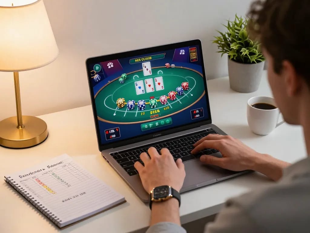 Player engaging in online casino gaming with CasinoAtlas insights on responsible betting strategies.
