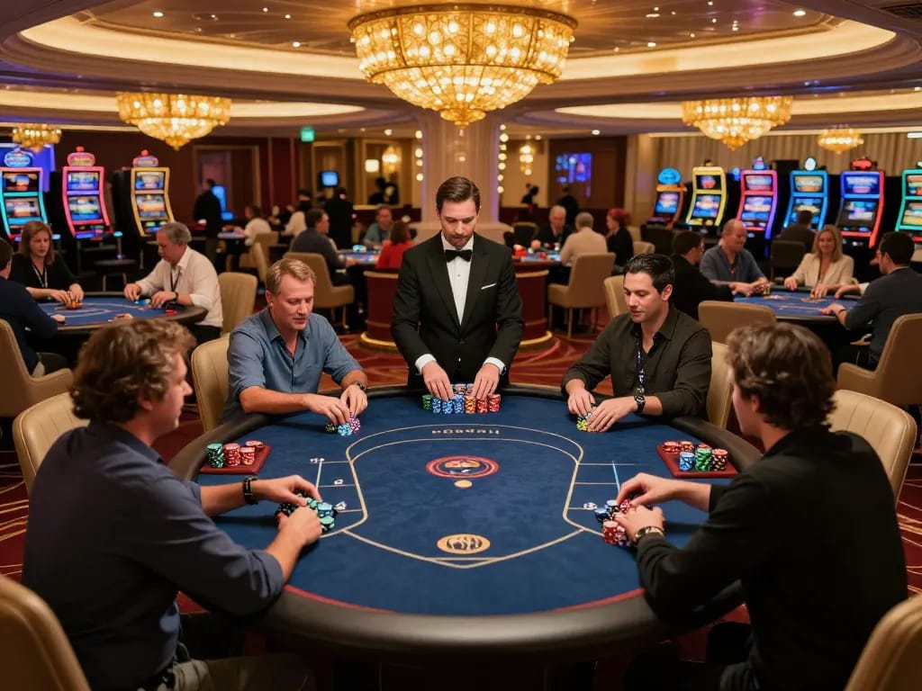 NAGA2000 high-stakes poker game in an upscale casino VIP area shows players engaged and excited.