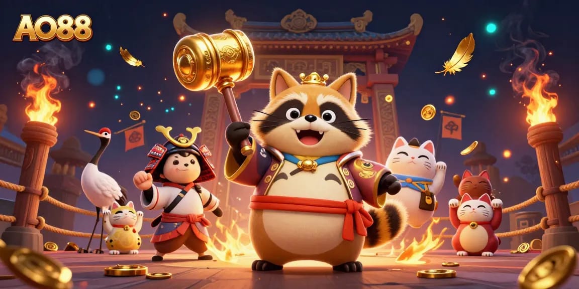 AO88 welcomes players with vibrant 3D cartoon artwork showcasing a cheerful tanuki amid a dynamic casino theme.