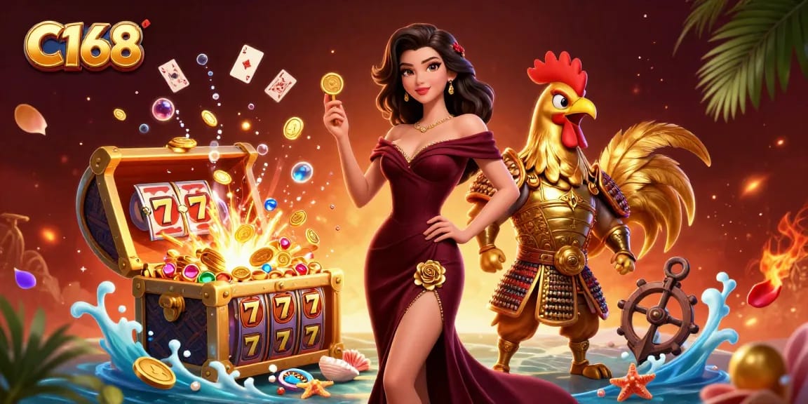Experience the excitement of winning at C168, featuring glamorous scenes and dynamic casino elements.