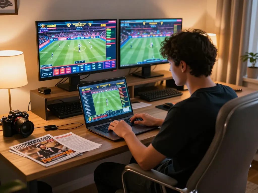 Engaged player using hm 88 for live sports betting on a laptop in a modern home setup.