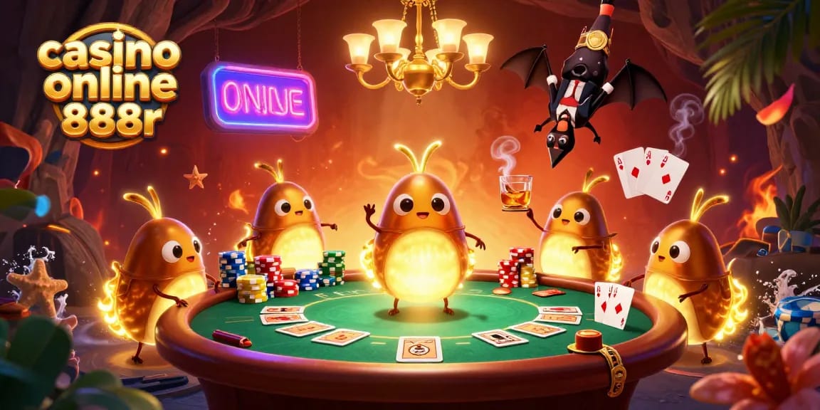 Light up your game with an enticing scene from casino online 888r featuring playful glowworms and intense poker action.