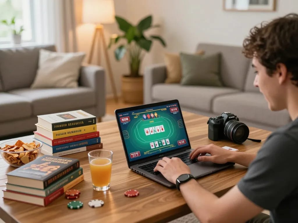 Engaged player exploring poker strategies on LuongsonTV home setup while enjoying a cozy atmosphere