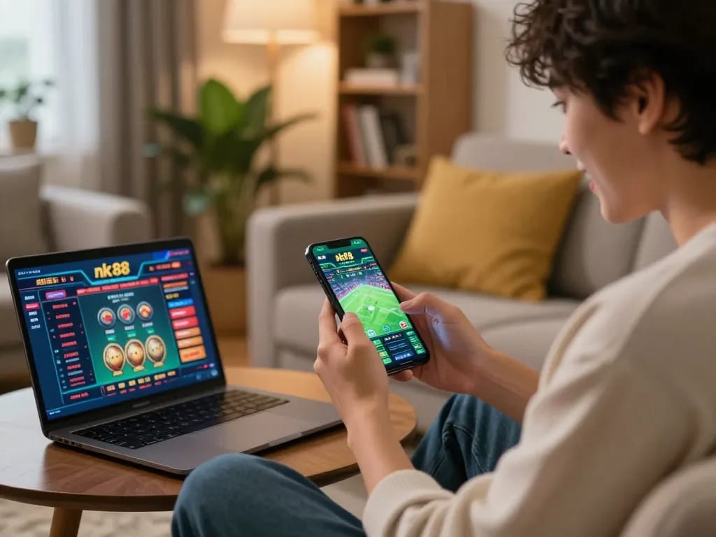 Engaging in mobile betting on nk88 win, showcasing live sports features in a cozy setting.
