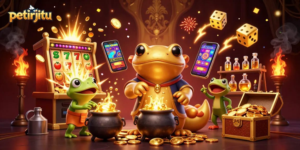 PETIRJITU menghadirkan ilustrasi kasino yang magis dengan gulungan slot dan koin emas melimpah.