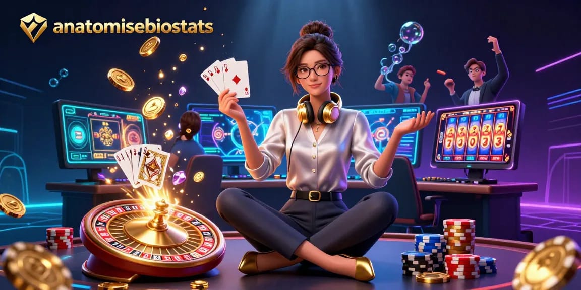 Engage with the energizing scene featuring anatomisebiostats at a high-tech casino gaming setup with vibrant game elements.