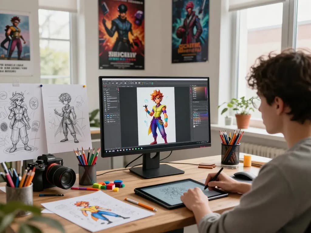 Creating engaging NSFW AI character designs in a colorful digital workspace with art supplies.