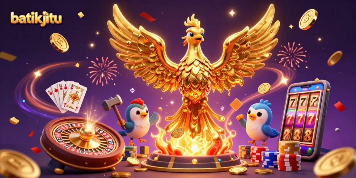 Batikjitu menciptakan suasana kasino dengan phoenix emas, koin, dan permainan menarik.