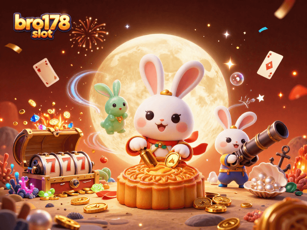 Menangkan slot bro178 dengan ilustrasi 3D kartun menarik, menunjukkan kelinci bulan dan elemen judi.