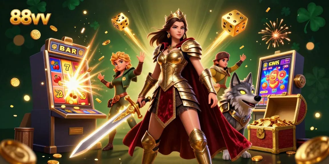 Experience high-stakes excitement with 88vv as a warrior queen battles amidst slot jackpots.