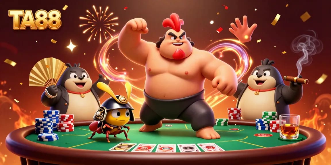 Experience thrilling poker action with TA88, featuring vibrant 3D characters and intense gaming elements.