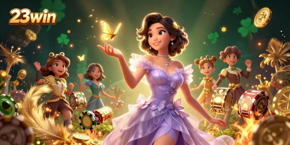 Engage with exciting gameplay at 23win with vibrant slot machines and golden butterflies.