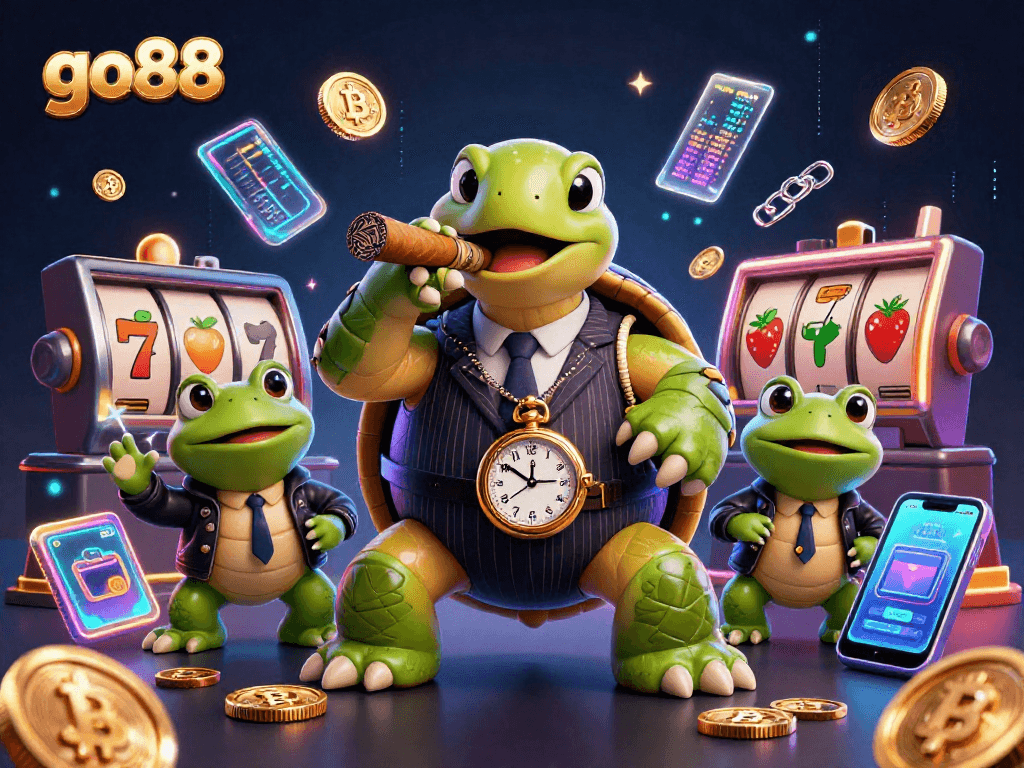Win big at go88 with a vibrant illustration of a snapping turtle and bullfrog enforcers in a dynamic casino scene.