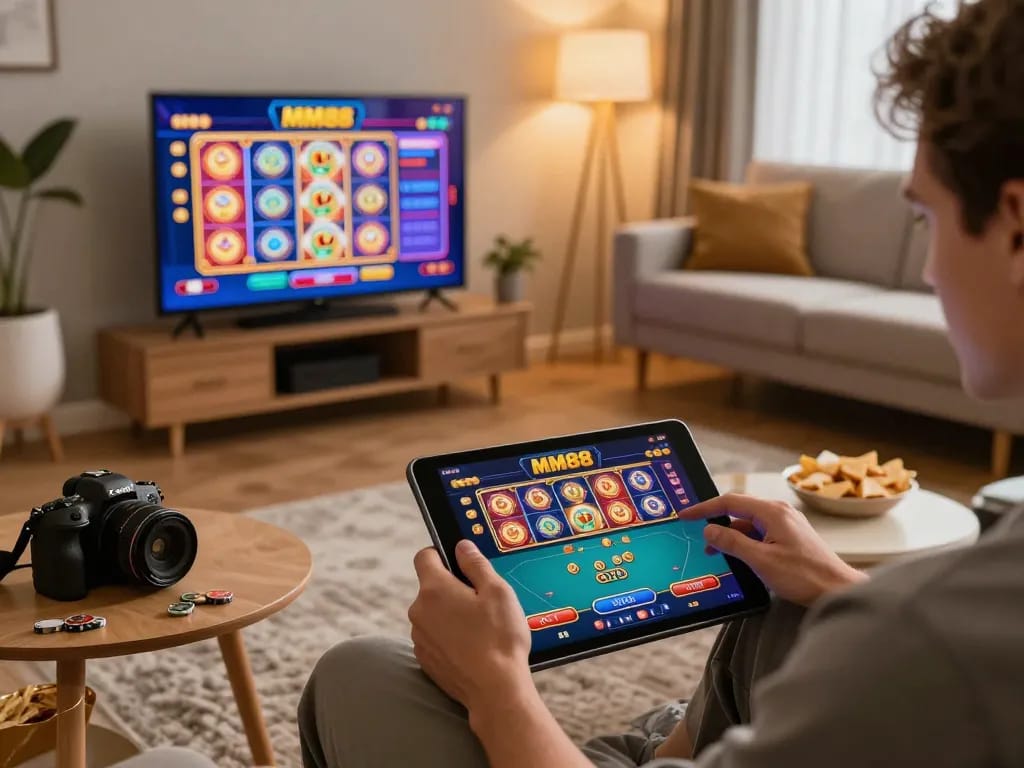 Player enjoying MM88 online gaming on a tablet in a cozy home setting with warm ambient lighting