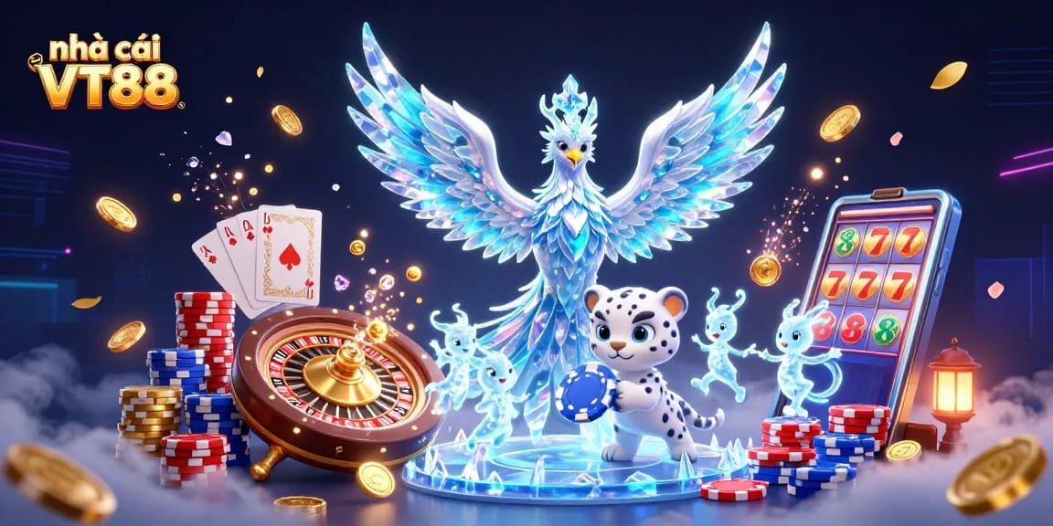 Engage with nhà cái VT88 through a vibrant 3D casino illustration filled with winning symbols and excitement.