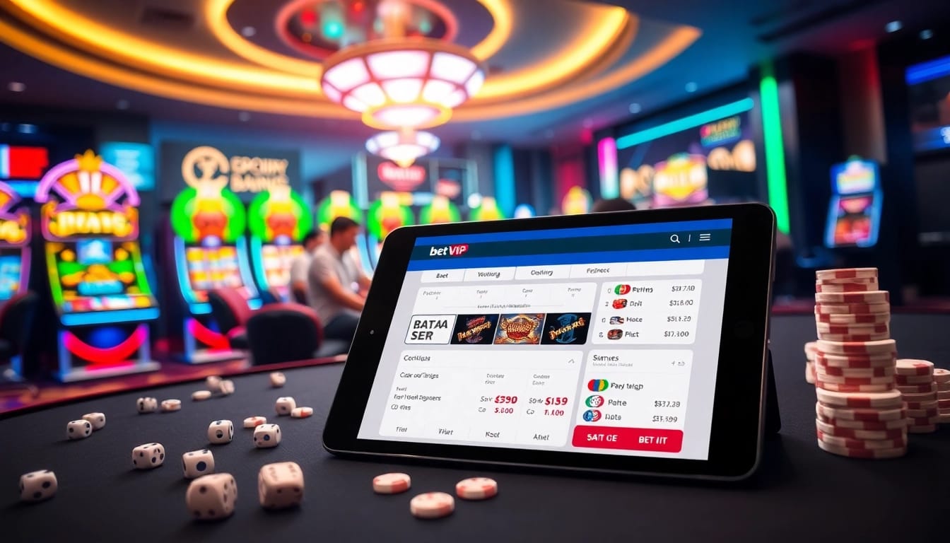 Người chơi tận hưởng cảm giác hồi hộp khi trải nghiệm ứng dụng Bet VIP trong một casino sôi động với các yếu tố cờ bạc nổi bật.