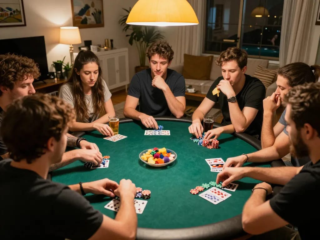 SC88 poker night with friends placing bets and enjoying snacks in cozy home setting