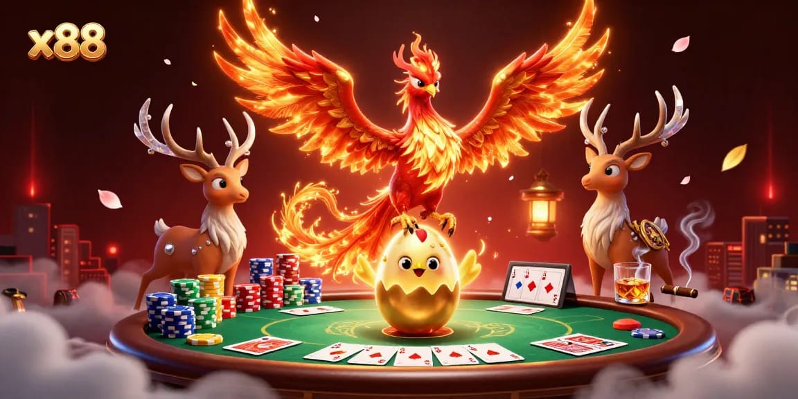 X88 players celebrating a big poker win with vibrant game elements and a mystical ambiance
