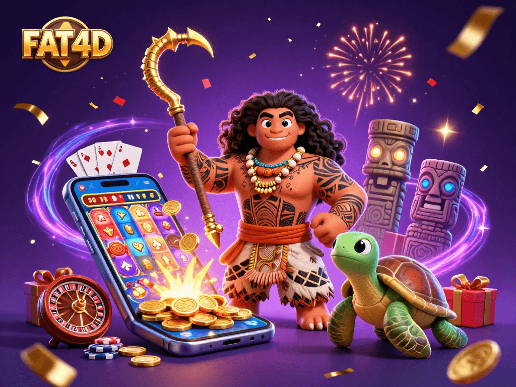 Engage with FAT4D's vibrant casino scene featuring colorful slot games, exciting jackpots, and lively action.